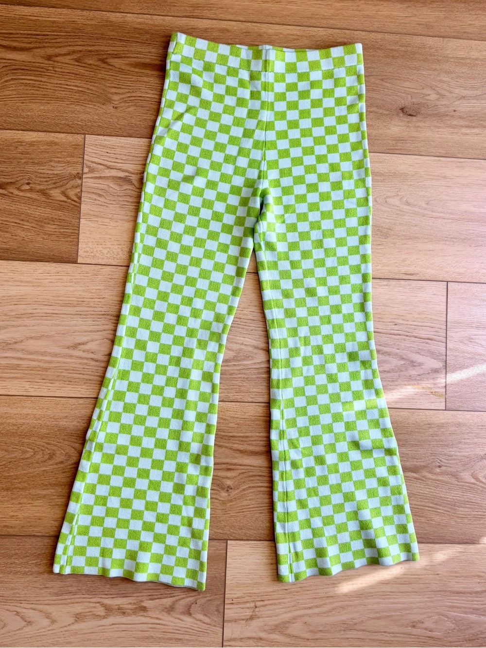 Urban Outfitters Green and Light Blue Checkerboard Wide-Leg Knit Flare Pants